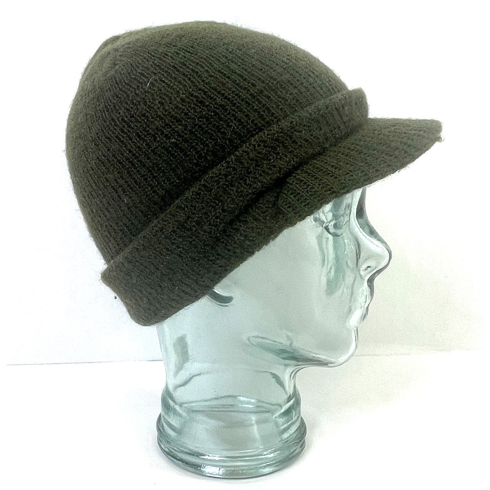 US Army Wool Watch Cap Green Knit Visor Hat Beanie Vintage 80s Made in USA
